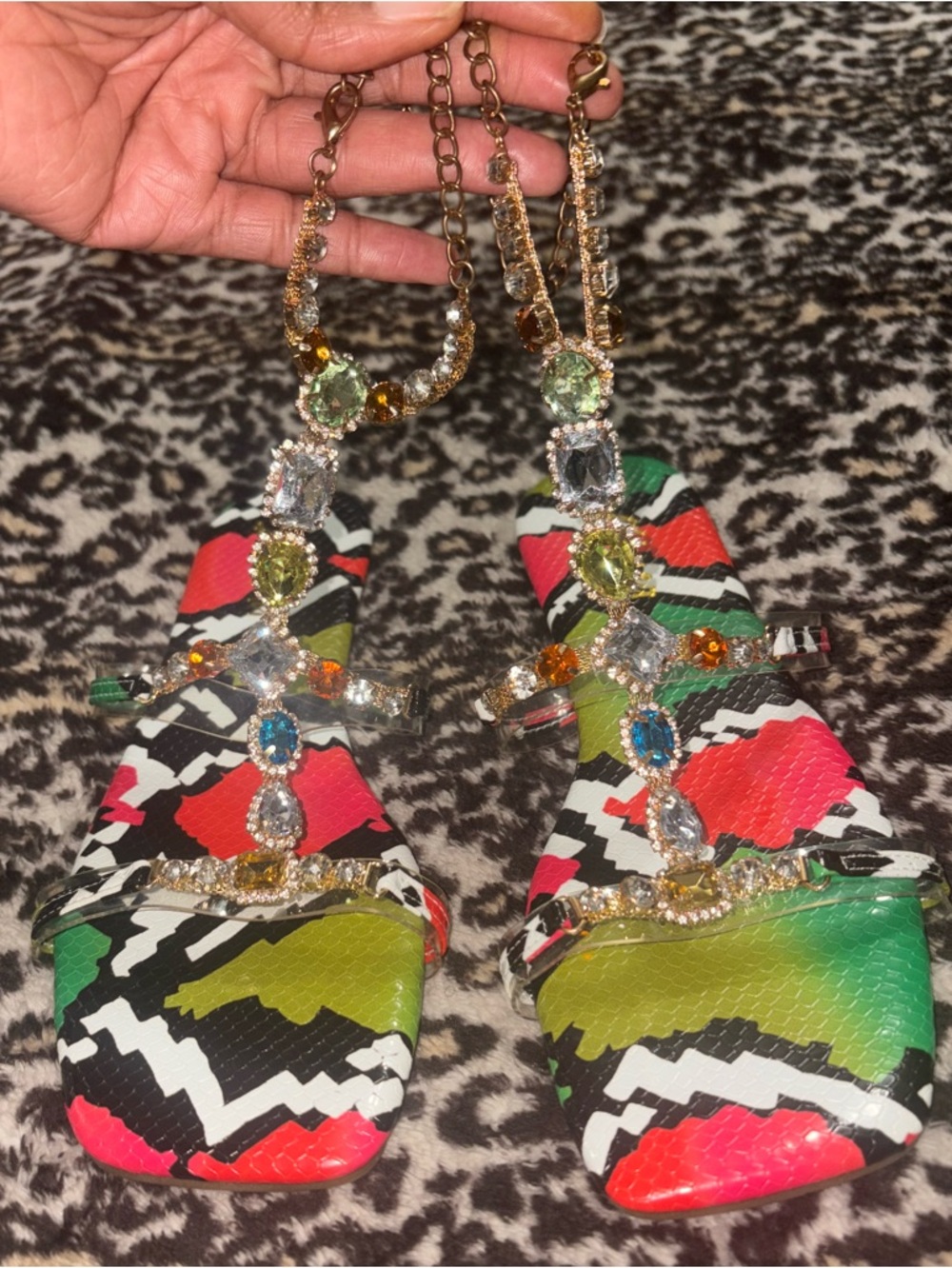 Liliana Multicolor Jeweled T-Strap Sandals with Gold Beaded Anklet Closure